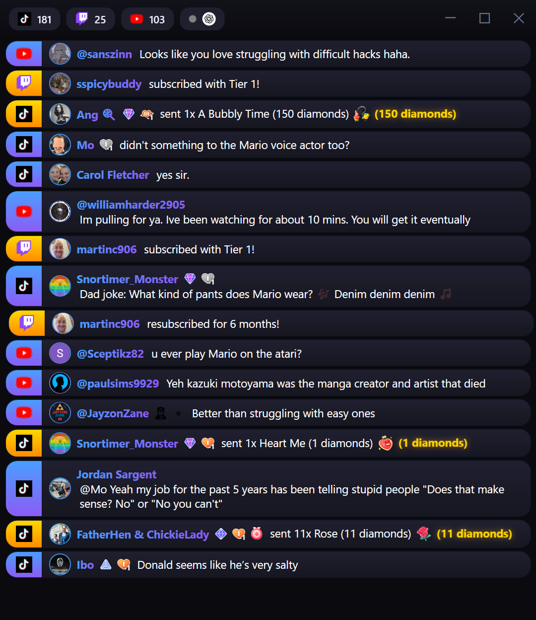 HoellStream chat window combining TikTok, Twitch, and YouTube messages