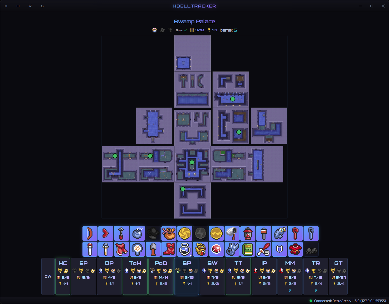 HoellTracker showing the Swamp Palace dungeon map, items, and dungeon progress