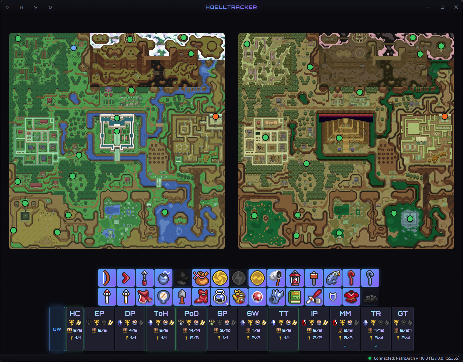 HoellTracker main window with both world maps, the item grid, and dungeon counters